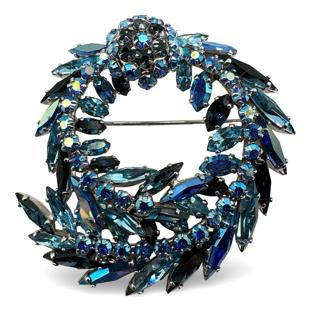 Vintage Sherman Signed Blue Aurora Borealis Rhinestone Wreath Brooch Rhodium Pin